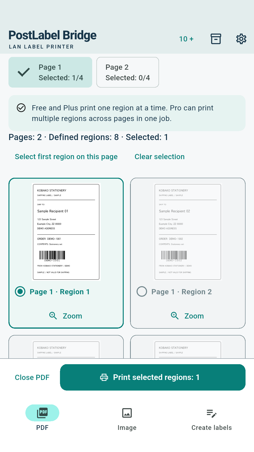 PDF label selection screen