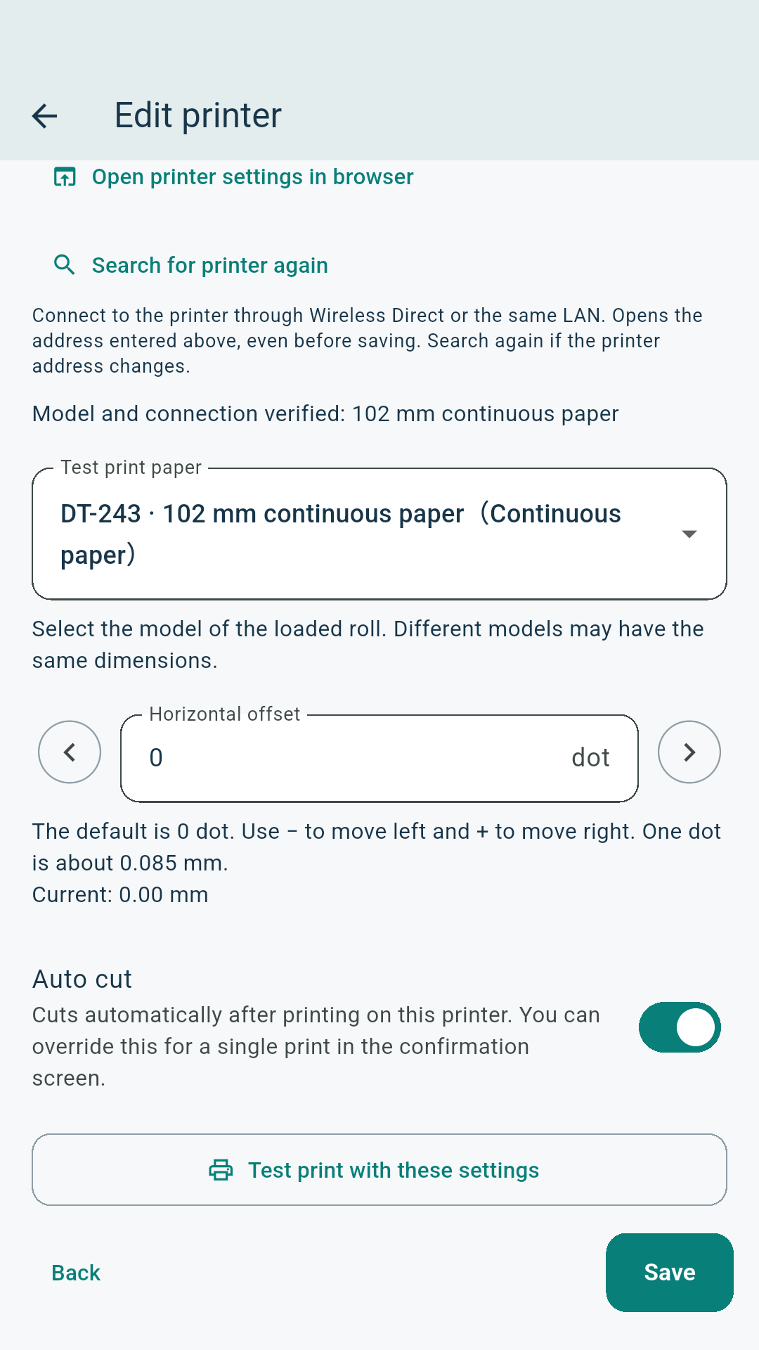 Printer settings screen